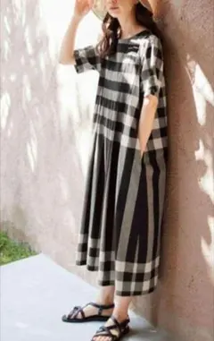 完売品✨️サニークラウズ　チェックをたたんでボーダーロングワンピース　XL