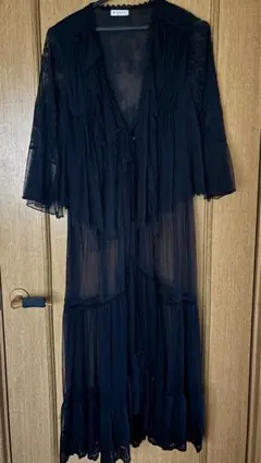 axes femme 黒 シースルー レース ロングカーディガン フリル付き