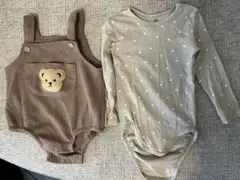 ベージュ ドット柄ロンパース クマのカバーオールセット