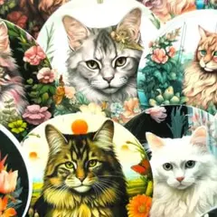 ステッカー　猫と花C　15枚　防水　PVC素材　ジャンクジャーナル素材