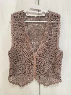 ピンクブラウン レース編み ノースリーブベスト