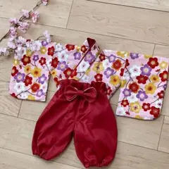 ベビー袴　和風　花柄　ピンク　赤　雛祭り　袴ロンパース 女の子