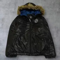 00s ヒョウ柄 ファー 中綿ジャケット 黒✕青 光沢 y2k お兄系 平成