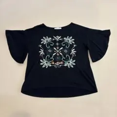 AZUL BY MOUSSY 刺繍デザイン カットソー ブラック S ボタニカル