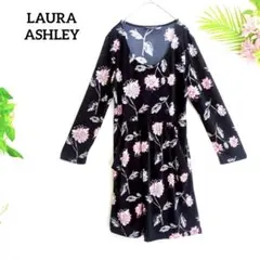 ローラアシュレイ ワンピース ストレッチ Aライン 黒 S 花柄 チュニック