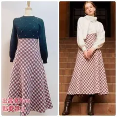 アンドクチュール ファンシーブロックチェックスカート ボルドー 赤 千鳥 リボン