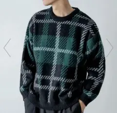 CREALY チェック柄グリーンニットセーター LL