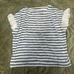 《セントラルトゥー》フレンチスリーブボーダートップス【M】グリーン×ホワイト