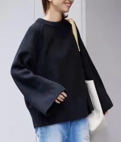 美品 フレームワーク ニット 両畦プルオーバー ウール カシミヤ ネイビー FRAMeWORK（フレームワーク）の「畦変形スリーブプルオーバー