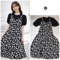 花柄ロングワンピース キャミワンピ ブラック パフスリーブトップス付き 韓国風