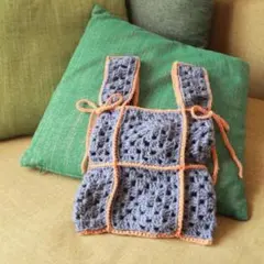 ハンドメイド　グラニースクエア　バック　オレンジ　編み物　手編み　グレー　y2k