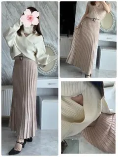 ベルト付きカシュクールプリーツワンピース×タートルクロスニット