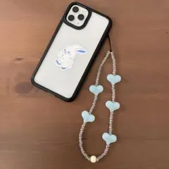 ⓘビーズストラップ 韓国 キーホルダー スマホ ハート クリア ブルーのサムネイル