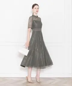 【Leja】ハイネック花柄レースウエストマーク透けロングドレスワンピース　S