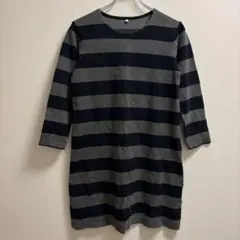 無印良品 MUJI 七分袖カットソーチュニック S ネイビー×グレー 良品計画