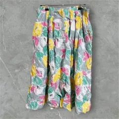 カラフル 総柄 ひざ丈 フレアスカート 花柄 フロントボタン ふんわり