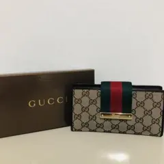 美品　グッチ シェリーライン キャンバス GG フラップ 二つ折り 長財布