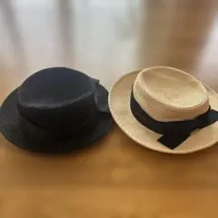 ストローハット 黒 ベージュ 2色セット