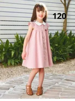 新品　キッズ　女の子　ワンピース 120　半袖　襟　ショパン　ピンク　赤