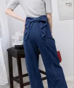 BACKリボン ハイウエストデニムワイドパンツ