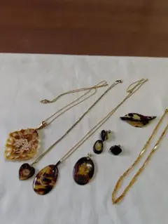 まとめ売り　べっ甲はりべっ甲ネックレス他7点セット 花模様とハート型