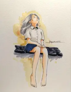 手描きイラストB6　コピック・水彩画『屋根の上の少女』