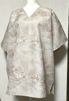 着物リメイク 花柄 Vネック チュニック ベージュ系