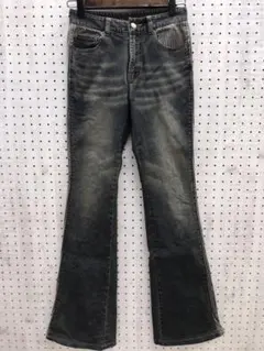 レトロ ヒッピー ギャル 古着 ヒッコリー切替 フレア デニム パンツ