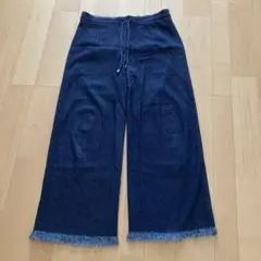 ダークブルー フリンジ裾 ワイドパンツ