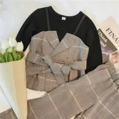 120 キッズ チェック柄 リボン付き 長袖トップス パンツ お出かけ お受験