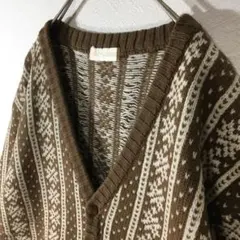 【個性派古着】日本製　長袖デザインニットカーディガン　ノルディック柄　茶色　白M