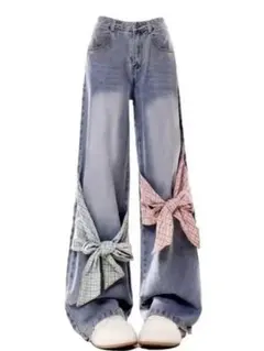 新品未使用リボン付きワイドレッグデニムパンツ Lサイズ