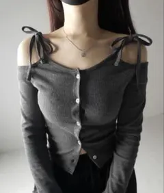 オフショルダーリブ編みカーディガン グレー