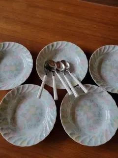 花柄陶器皿5枚とスプーン5本セットカレー皿
