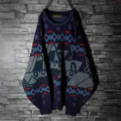オシャレ☆アートデザインウール混ニット セーター 幾何学模様 太アーム ゆったり