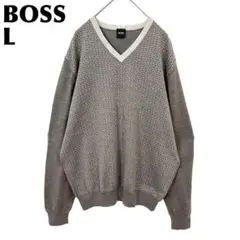 【美品】 BOSS 長袖ニット ウール Vネック L グレーブラウン 総柄のサムネイル