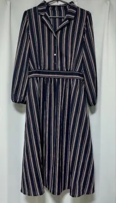 RETRO GIRL ストライプシャツワンピース 長袖 ネイビー