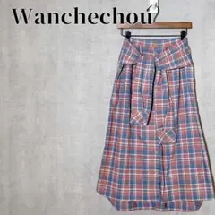 Wanchechou　チェック柄ロングスカート　腰巻き風　カジュアル　体型カバー