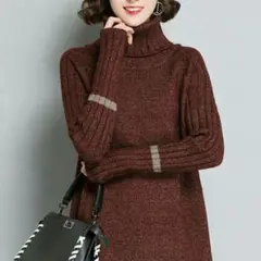 ニットタートルネックロングニットセーター ワインレッド7