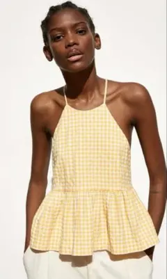 新品 ZARA ギンガムチェック柄 トップス イエロー Sのサムネイル