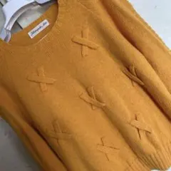 オレンジイエロー 模様 ニットセーター 長袖　9号　Mサイズ　レトロ