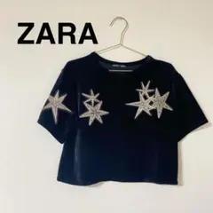 ZARA ザラ 星柄ワッペン ベロア クロップドTシャツ ブラック Sサイズ