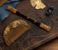 アンティーク 鼈甲風 櫛 笄セット 菊文様 金彩 髪飾り 和装小物かんざし＆くし