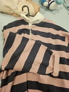 Ungrid ピンク・ネイビー ストライプ 長袖ポロシャツ