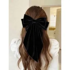 リボン ベロア バレッタ ヘアアクセサリー ブラック 黒 1点