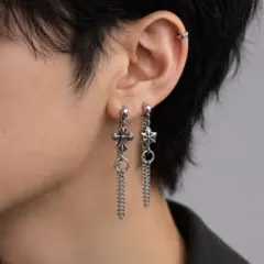 メンズ ピアス クロス スター チェーン シルバー 両耳用　925刻印　個性的