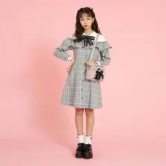メゾピアノジュニア ボウタイつきチェック柄レースシャツドッキングワンピースL