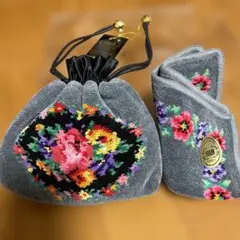 FEILER 花柄刺繍ポーチ グレー