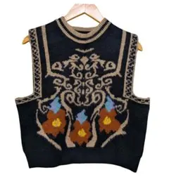 MANGO ニットベスト♡ラウンドネック ベスト 秋冬 ノースリーブ柄黒ベージュ