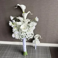 ウェディングブーケ　ブートニア付き 清楚系　ホワイト　クラッチブーケ